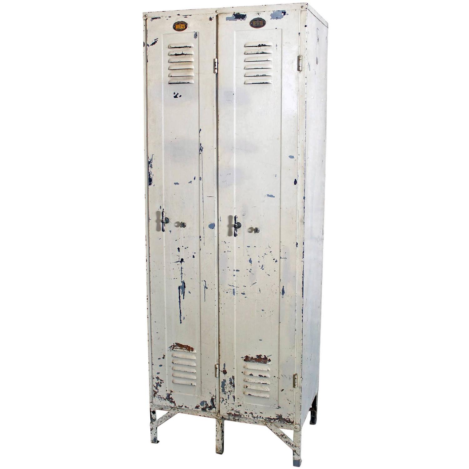 Pair of Vintage Industrial Steel Metal Lockers with Brass Knobs and