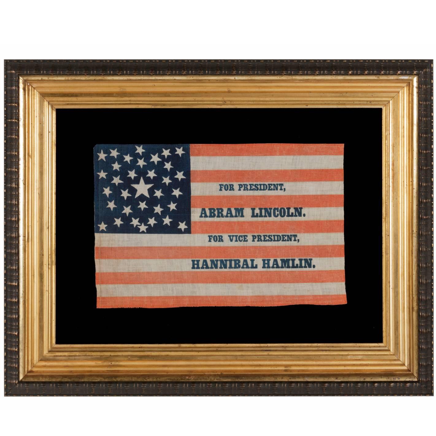 1860 Lincoln Campaign Parade Flag with 33 Stars in a Pentagon Medallion