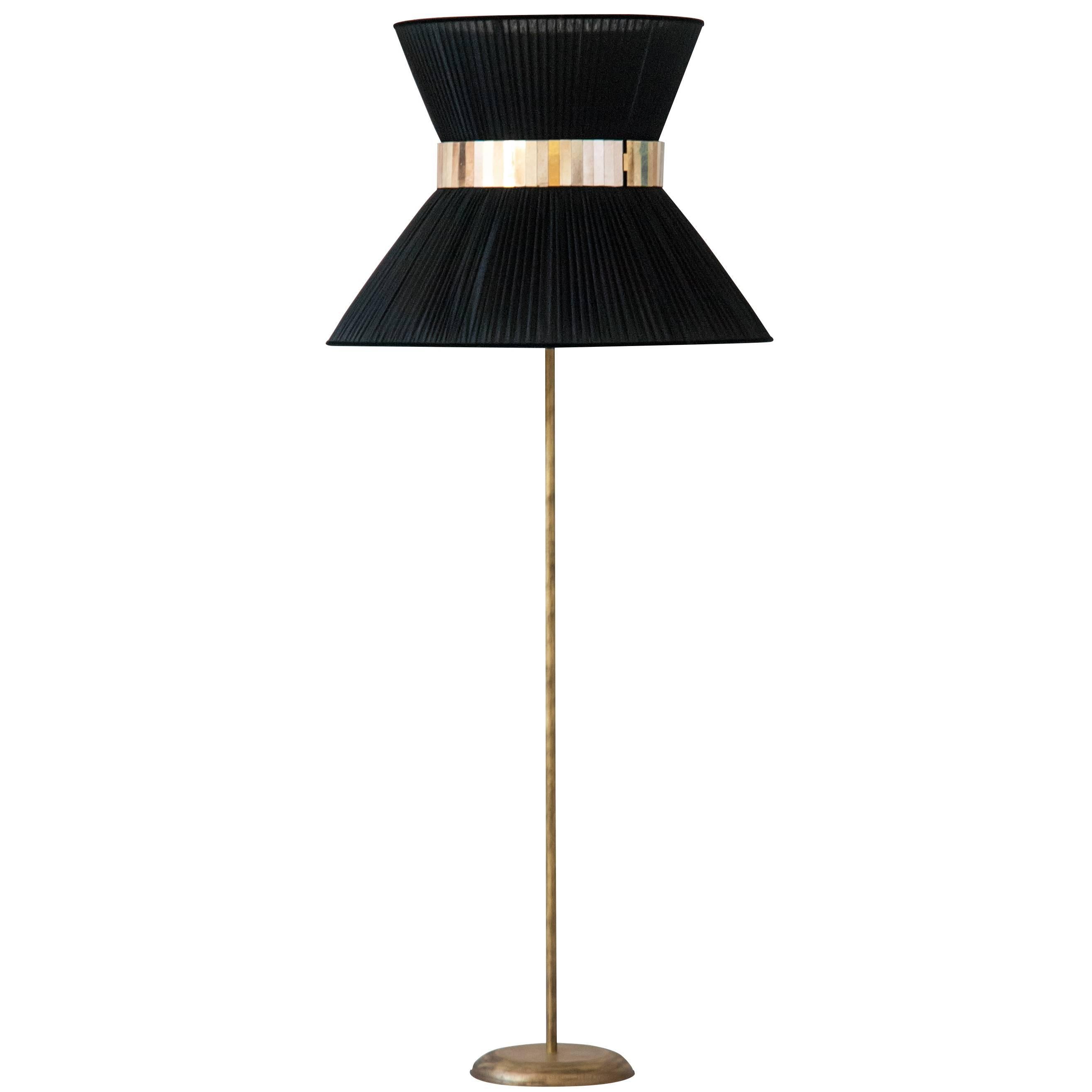  Tiffany contemporary Floor Lamp black Silk, Antiqued Brass, Silvered Glass     