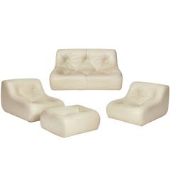 Ligne Roset Set en cuir blanc vintage Michel Ducaroy Kali Chair Sofa:: 1970