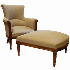 French Duchesse Brisee Armchair and Ottoman Upholstered Natural Linen 10