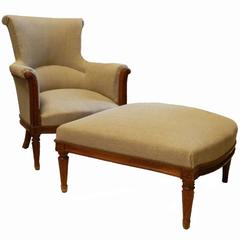 French Duchesse Brisee Armchair and Ottoman Upholstered Natural Linen