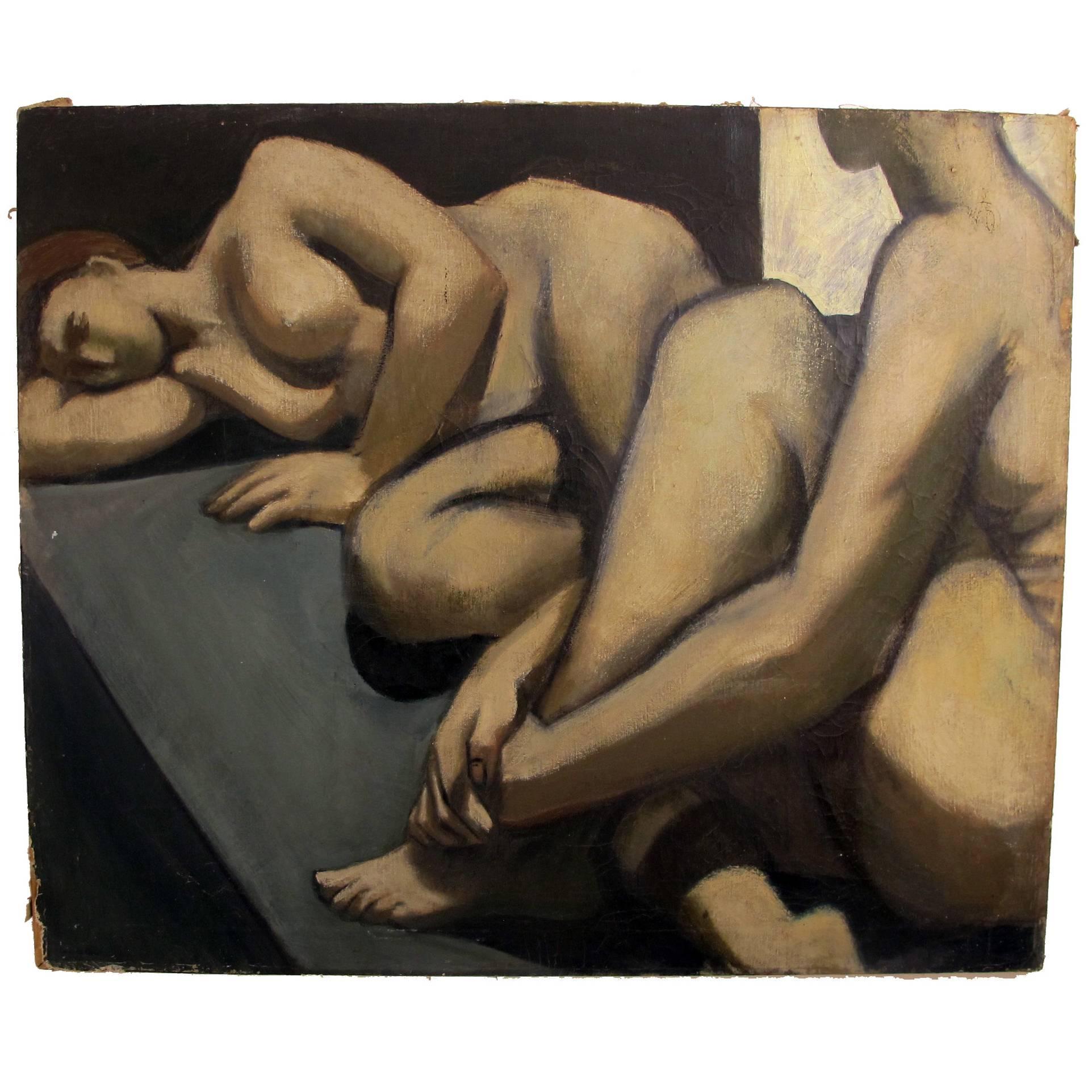 An impressive and large figural nude painting of two women by artist David Ladin. Oil on canvas, recently framed. American, mid-20th century.