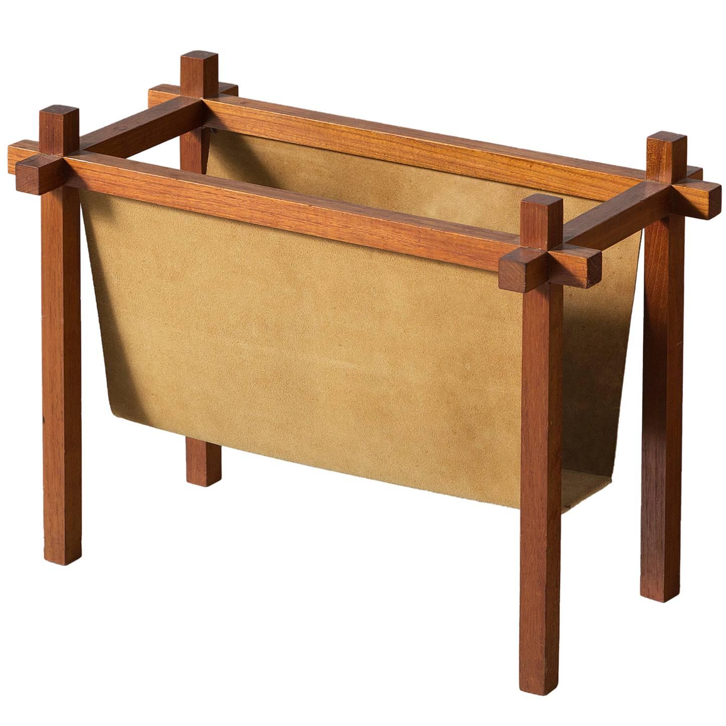 Danish Mid-Century Magazine Rack in Teak and Suede 