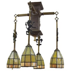 Gothic Arts and Crafts Chandelier with Emblems and Stained Glass Shades
