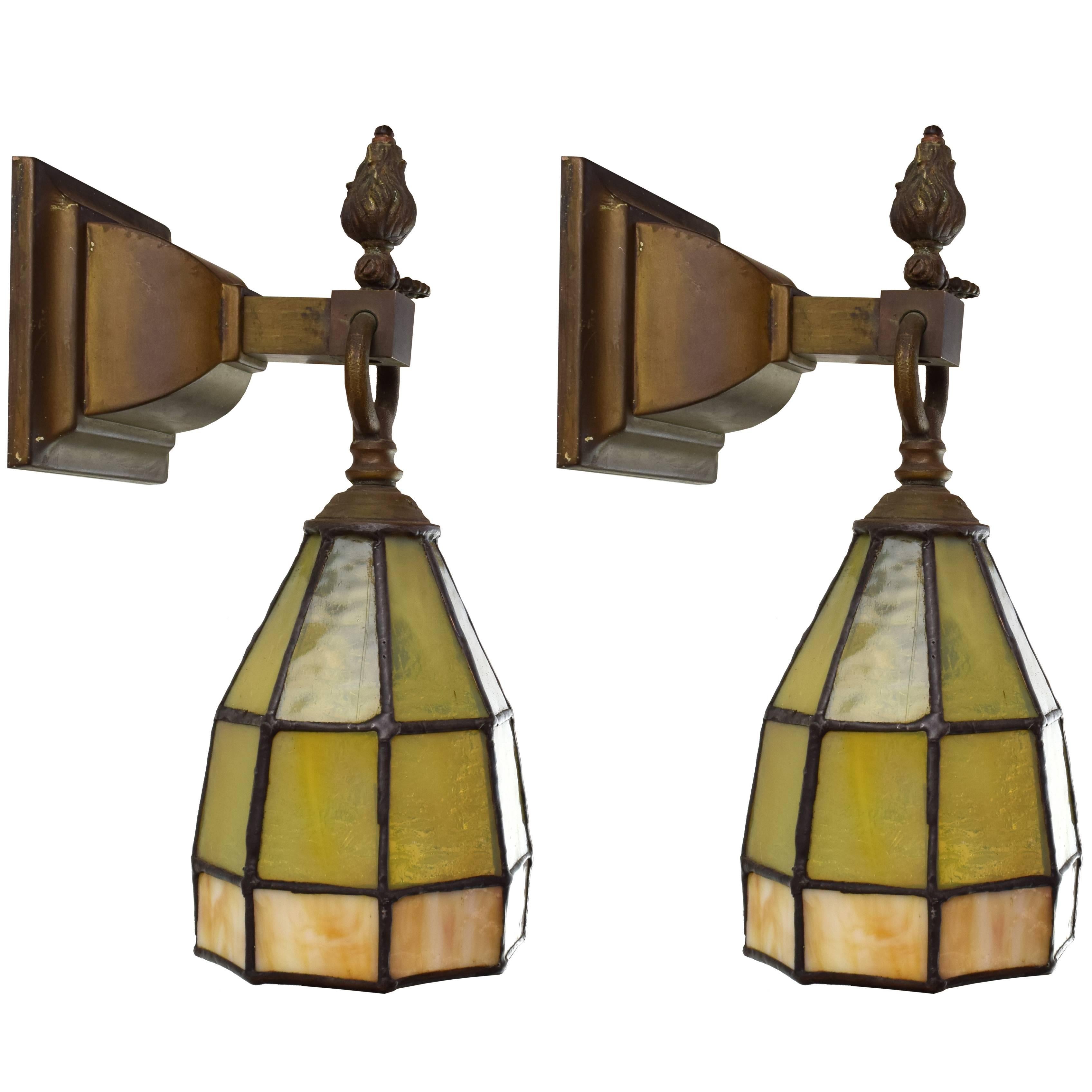 Rare Arts and Crafts Sconce Pair with Stained Glass Shade