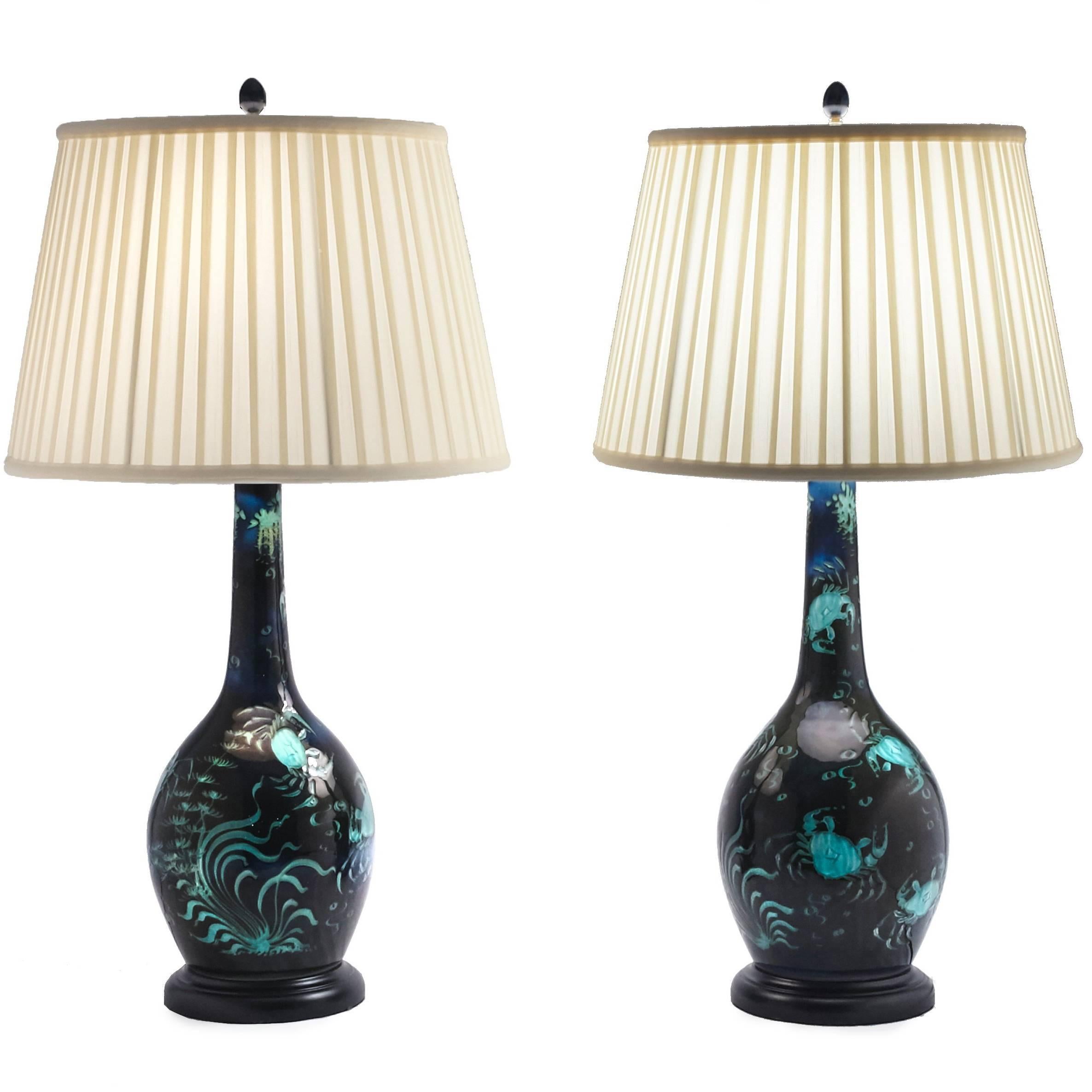 Pair of Deep Blue Ceramic Lamps with Turquoise Green Crabs and Ocean Plants