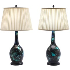 Pair of Deep Blue Ceramic Lamps with Turquoise Green Crabs and Ocean Plants