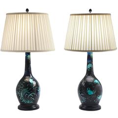 Pair of Deep Blue Ceramic Lamps with Turquoise Green Crabs and Ocean Plants 4