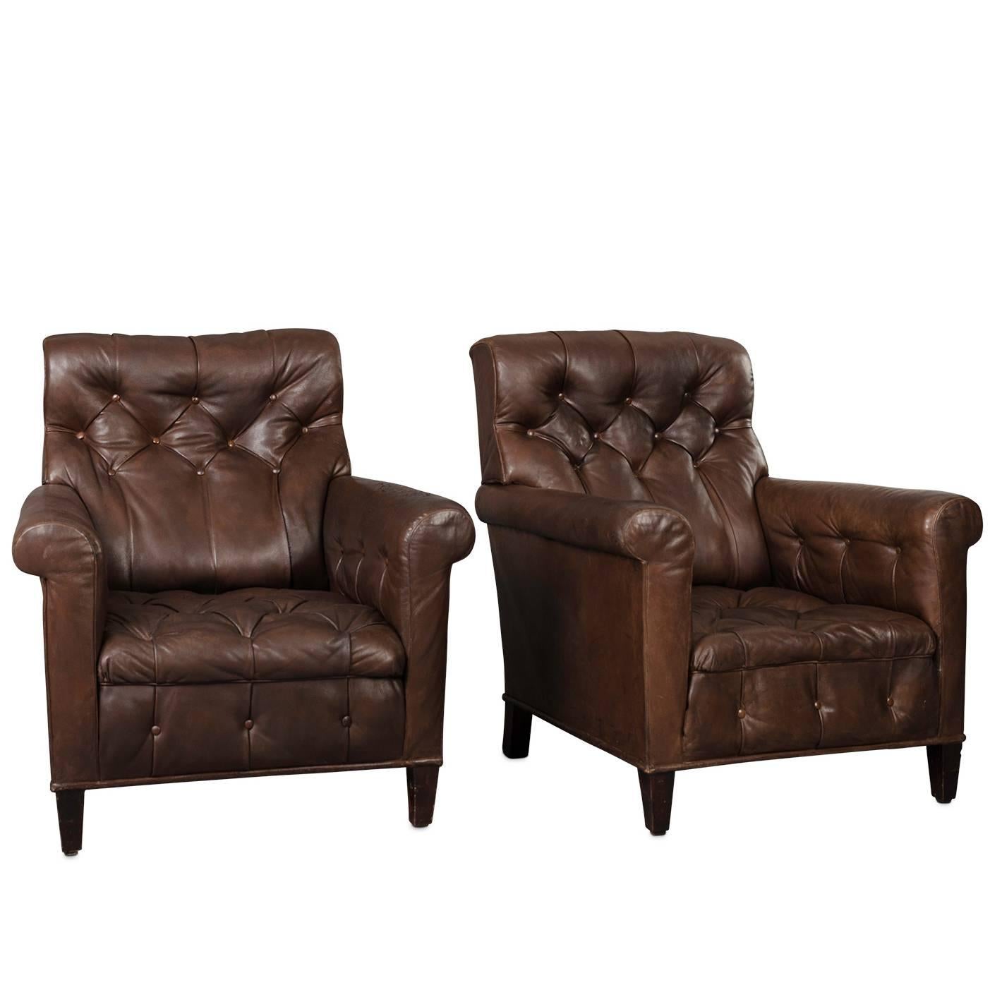 Pair of Early 20th Century Tufted Leather Armchairs For Sale