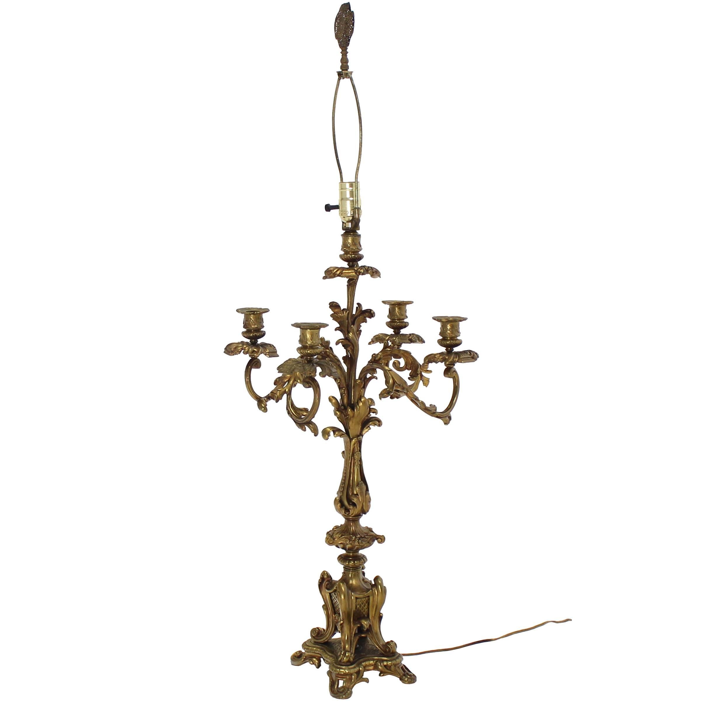 Rococo Style Gilt Metal Candelabra Table Lamp For Sale