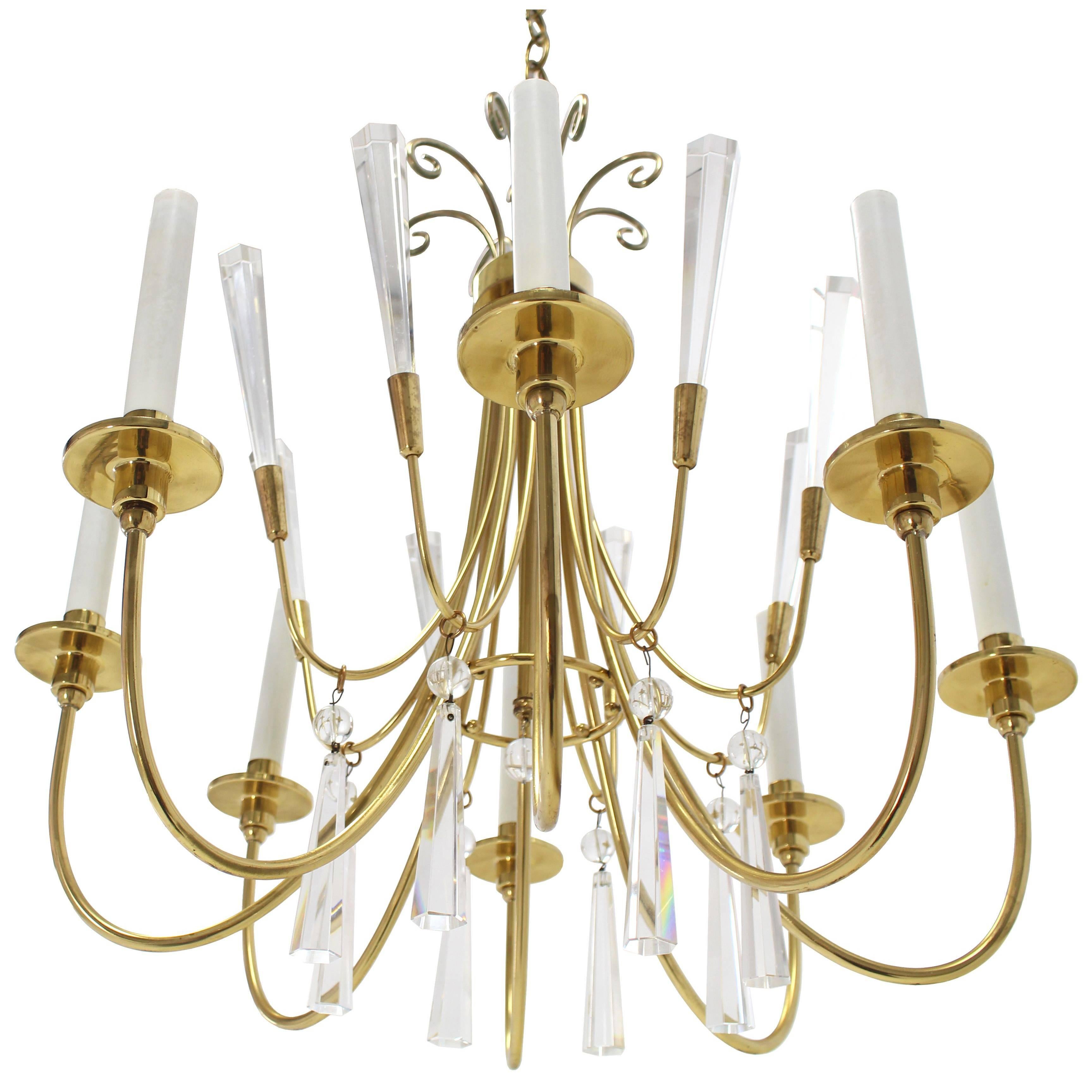 Brass and Lucite Mid-Century Modern Light Fixture Chandelier