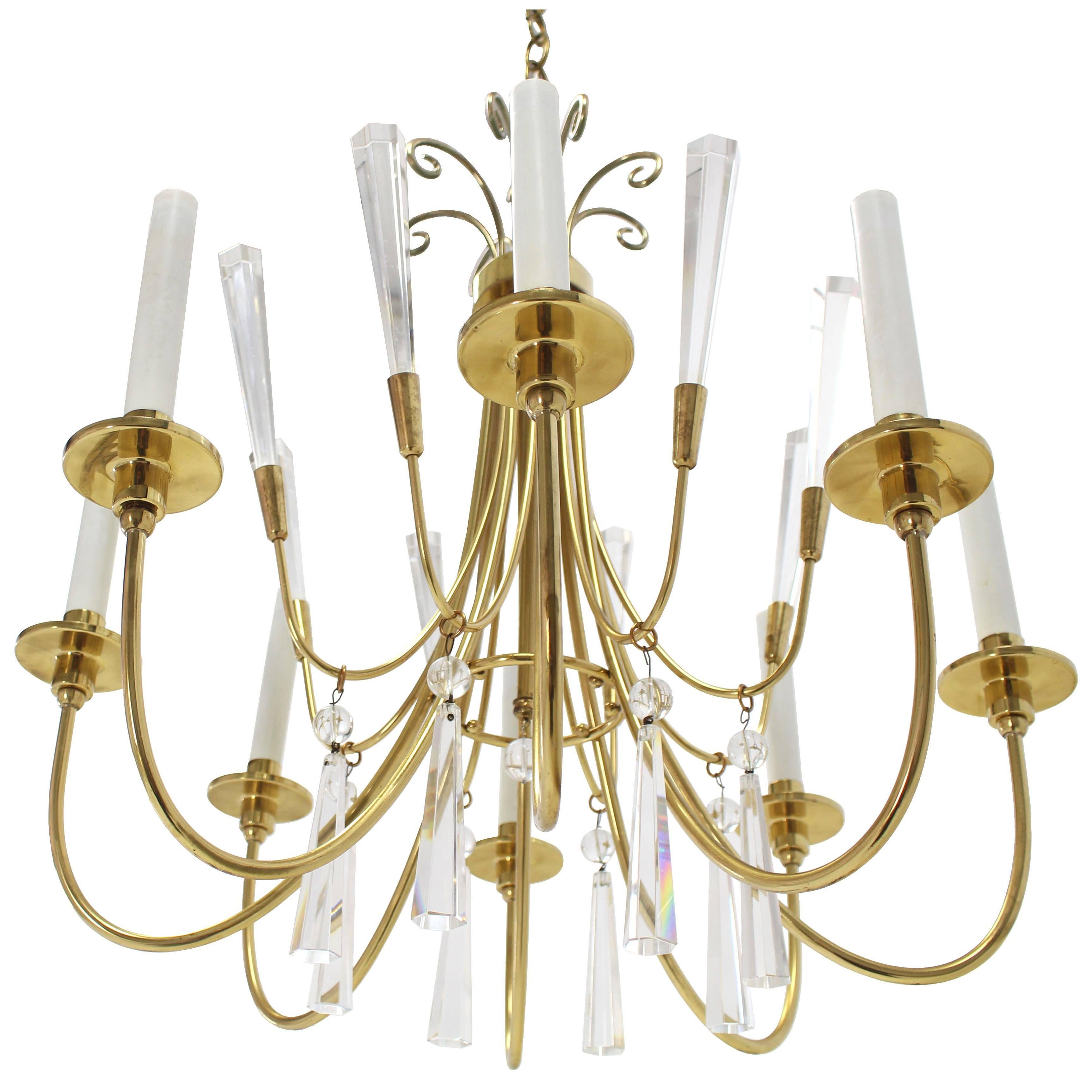 Brass and Lucite Mid-Century Modern Light Fixture Chandelier  For Sale