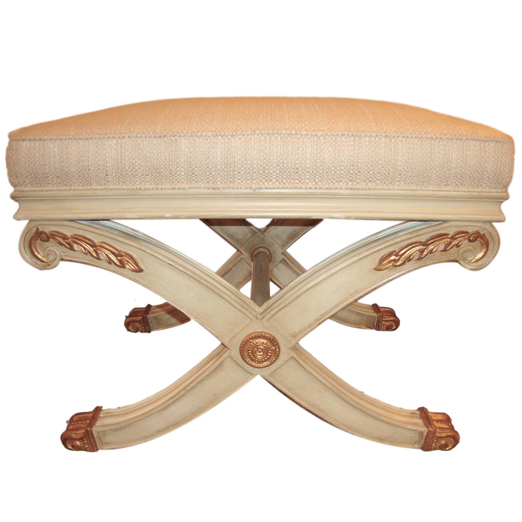 Pair of Maison Jansen Style X-Form Benches or Footstools Ivory And Parcel Gilt 