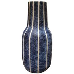 Stoneware Blue Hashtag Pattern Stripe Vase, Thailand, Contemporary