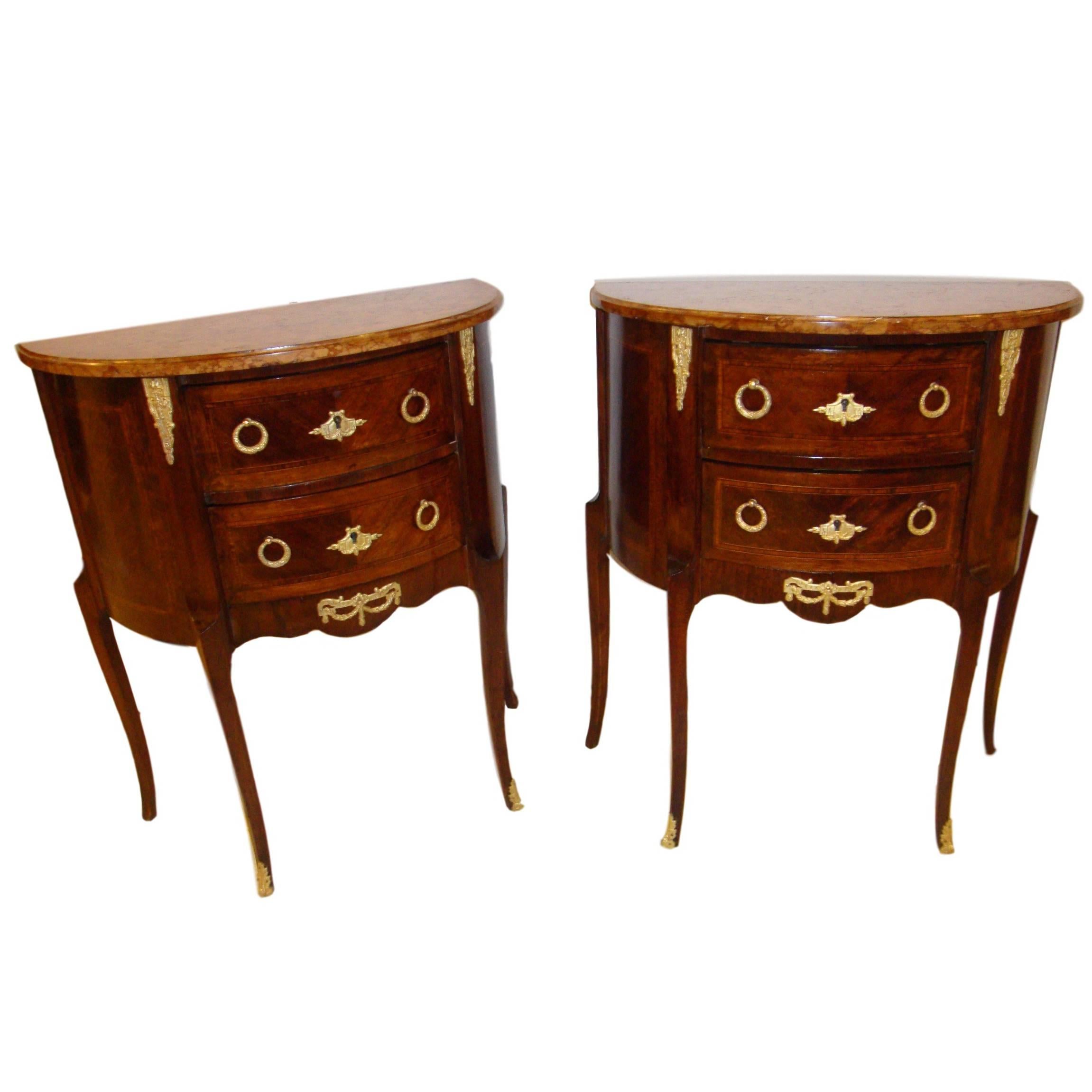Pair of French Louis XV Style Demi Lune Diminutive Commodes / Nightstands