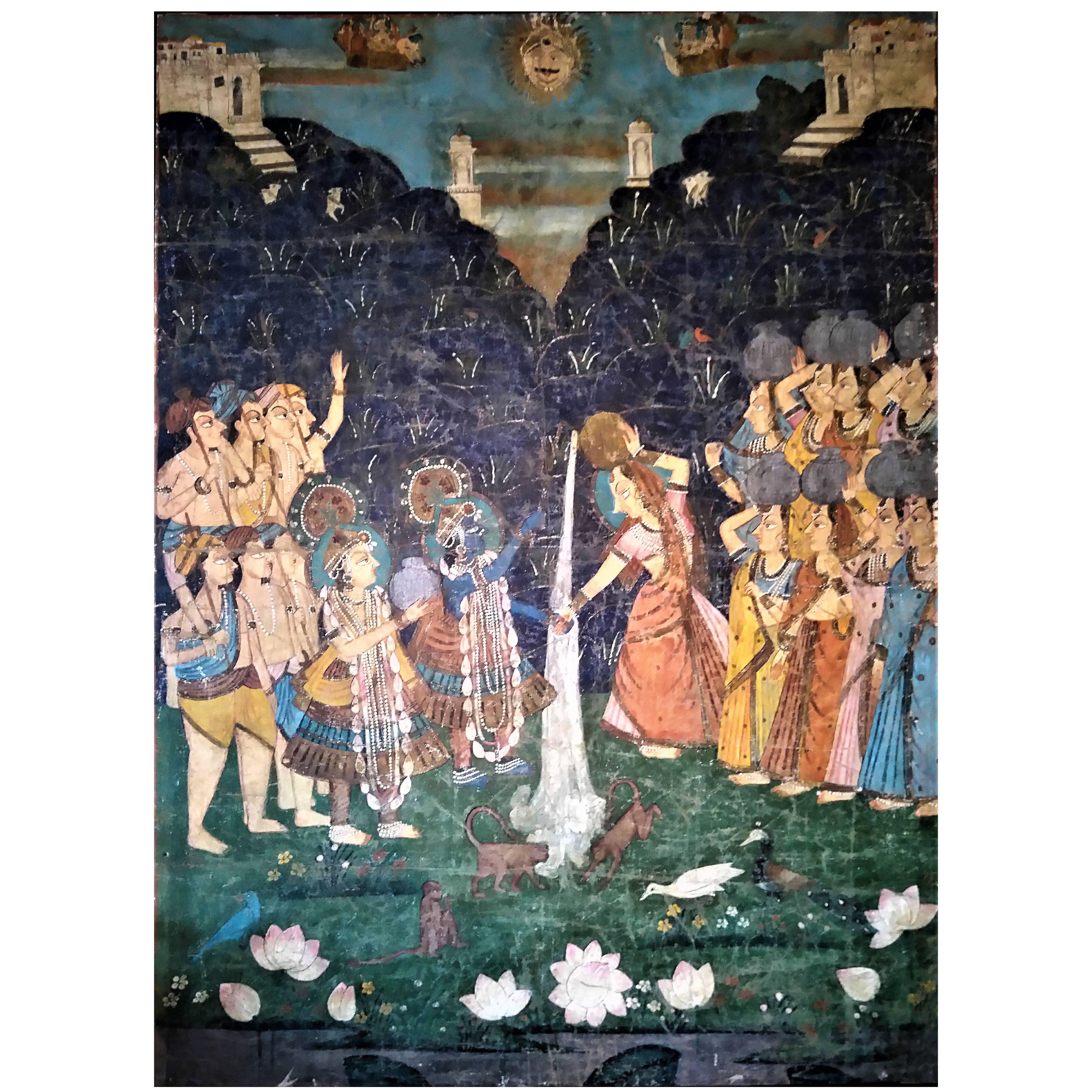 Pichwai or Pichhavai Painting of the Dana Lila, Indian Temple Hanging on Silk