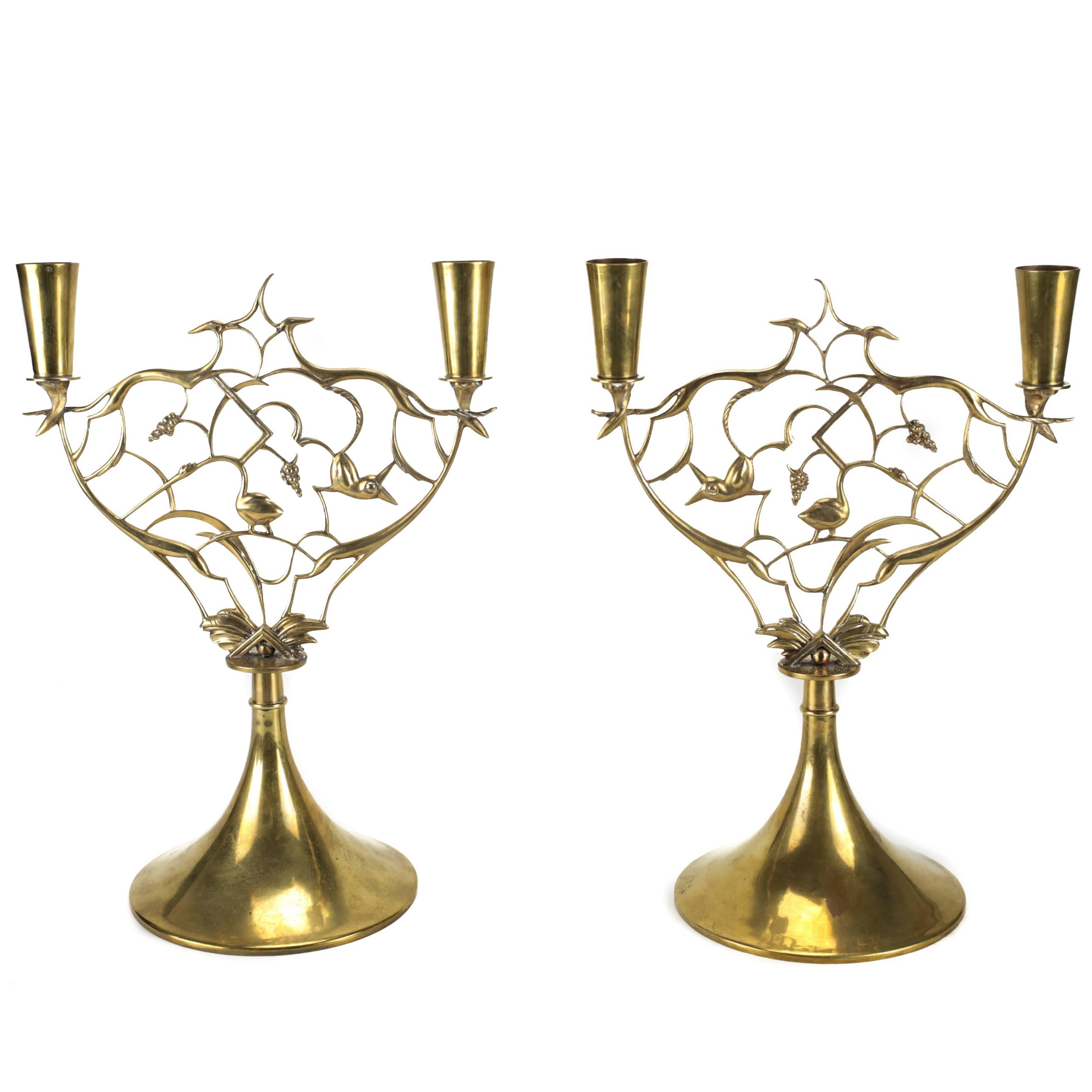 Pair of Brass Animal and Grapevine Candlesticks by Karl Hagenauer For Sale