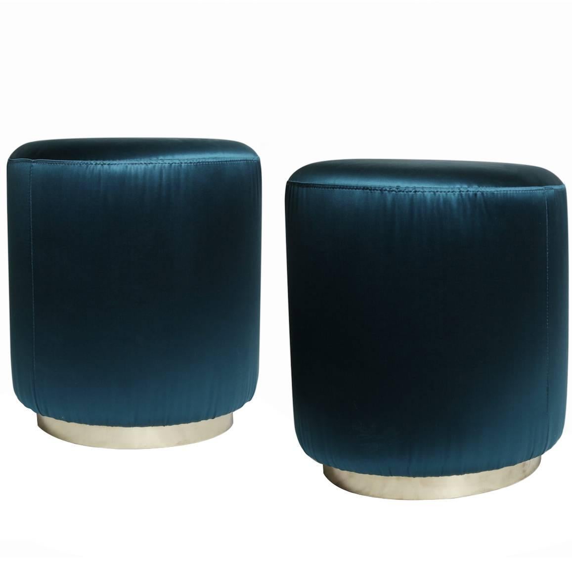 Pair of Poufs 1970s Petrol Blue Upholstery, Brass