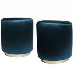 Pair of Poufs 1970s Petrol Blue Upholstery, Brass 9