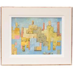 Mid-Century Modern Abstract Cityscape in Blue, Yellow and Orange 4