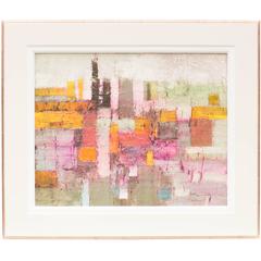 Mid-Century Modern Abstract Cityscape in Pink, Yellow and White 1