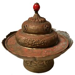 Antique Copper Tibetan Incense Burner, Censer, Candleholder