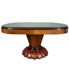 Italian Art Deco Period Burled Walnut Dining Table with Leather Accent, c. 1930s