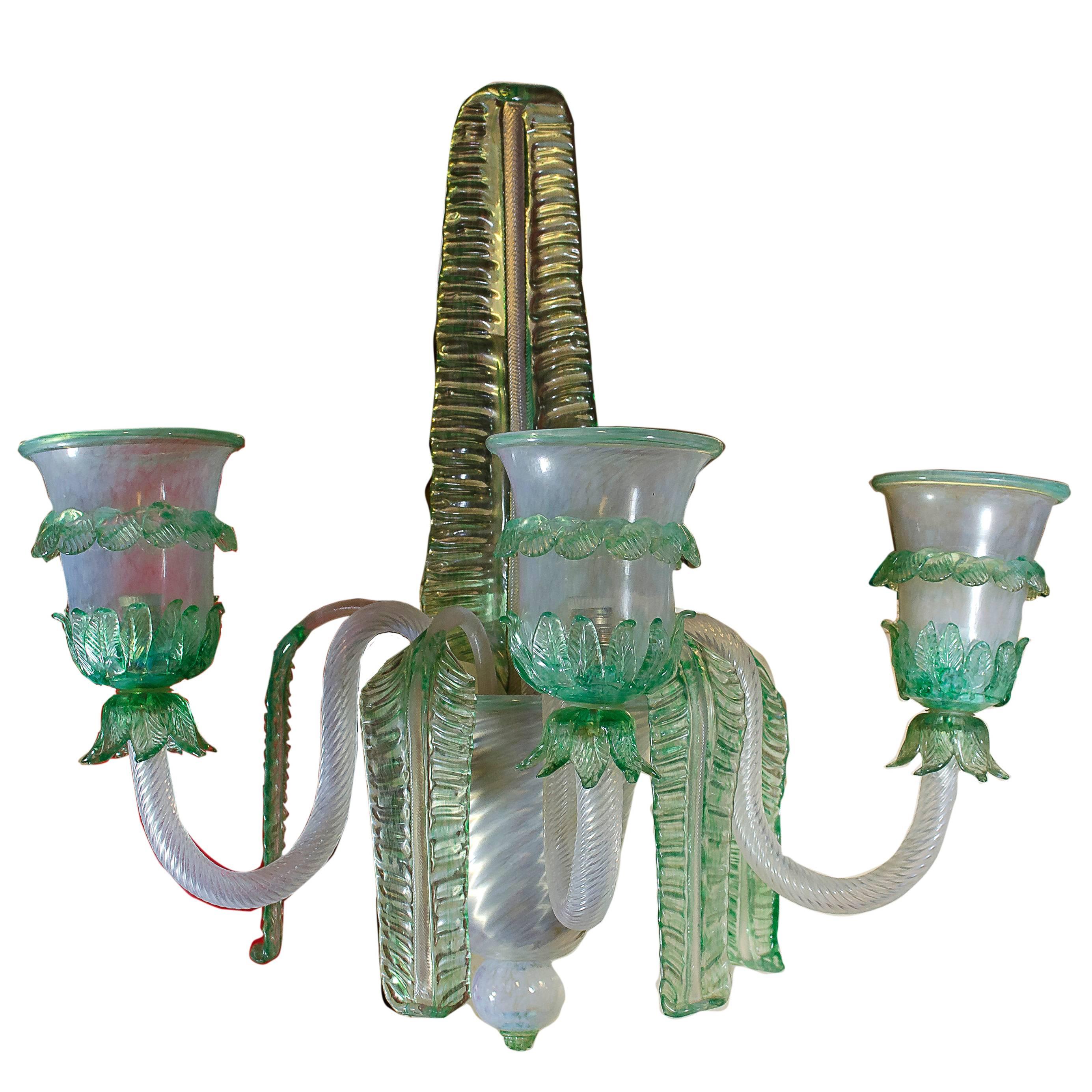 Three Arms Green and Opal Glass Sconce For Sale