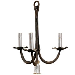 French Three-Light Iron Chandelier with Swoop Arms and Silver Tassel