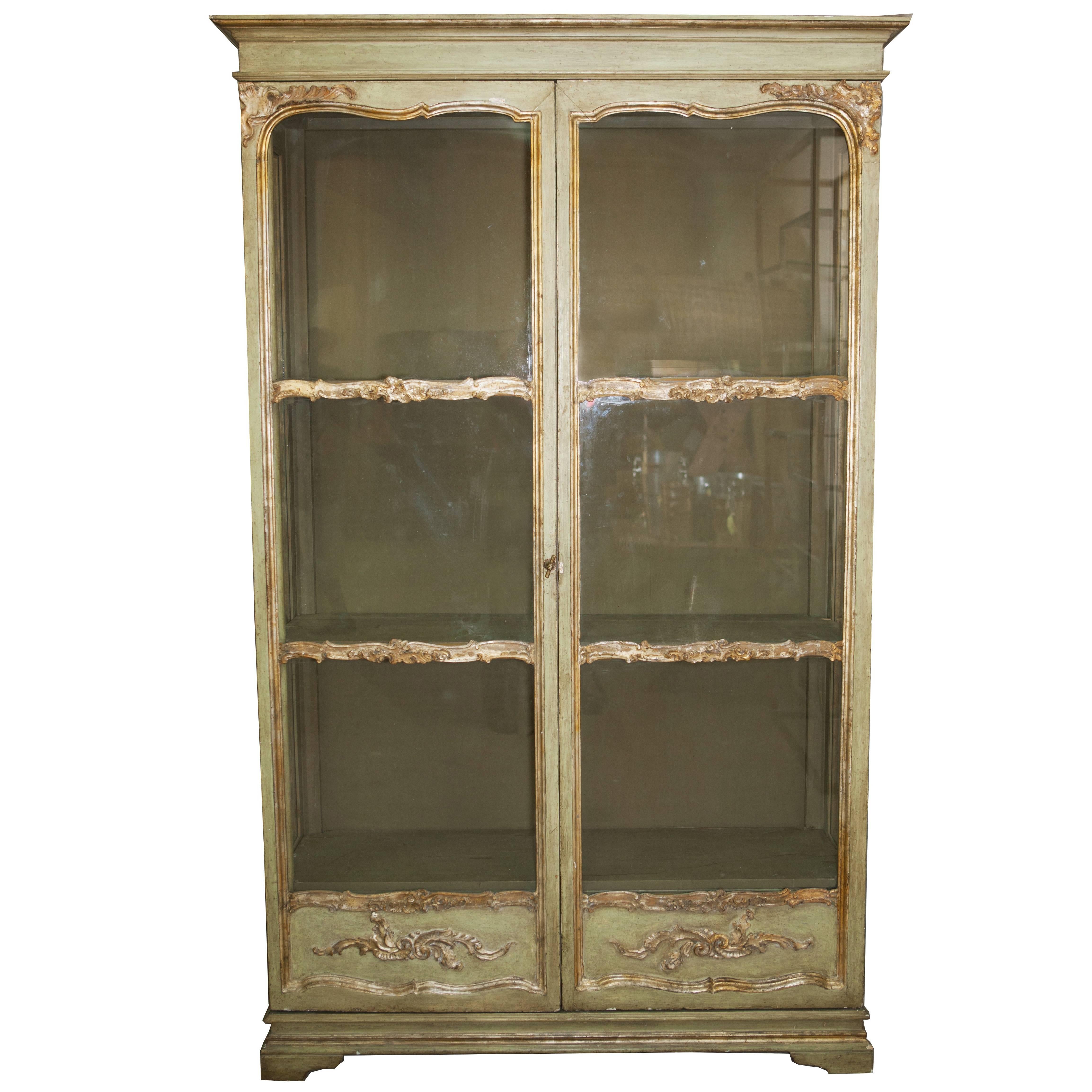 Italian Soft Green Painted Bookcase with Glass Doors from the Mid 19th Century