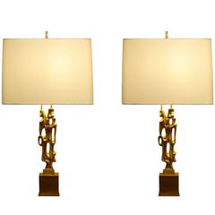 Ph. Glapineau, Pair of Signed Gilt Bronze Table Lamps, 1960-1970