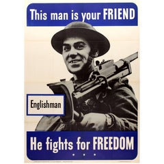 Vintage Original WW2 Poster, ‘Englishman, This Man Is Your Friend He Fights for Freedom’