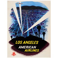 Original Antique American Airlines Travel Advertising Poster for Los Angeles