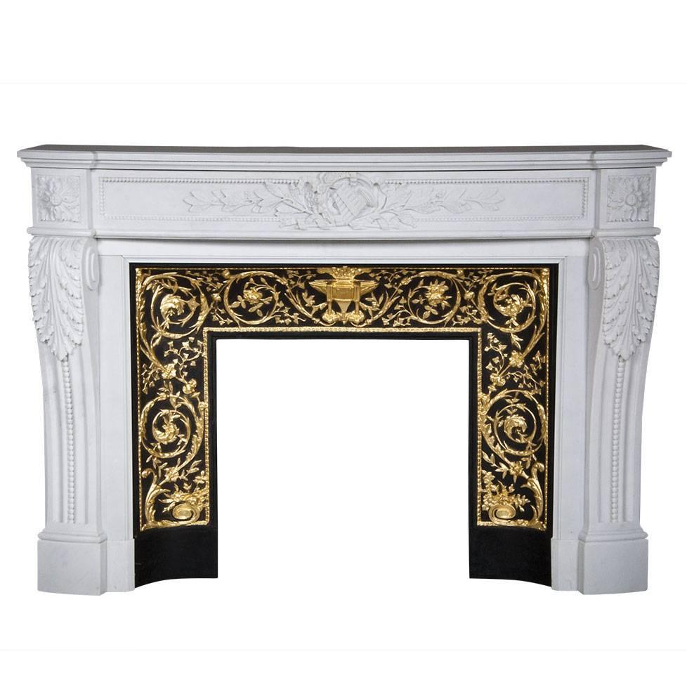 "Arcadie" Louis XVI Style Fireplace in White Carrara Marble with Cast Iron For Sale