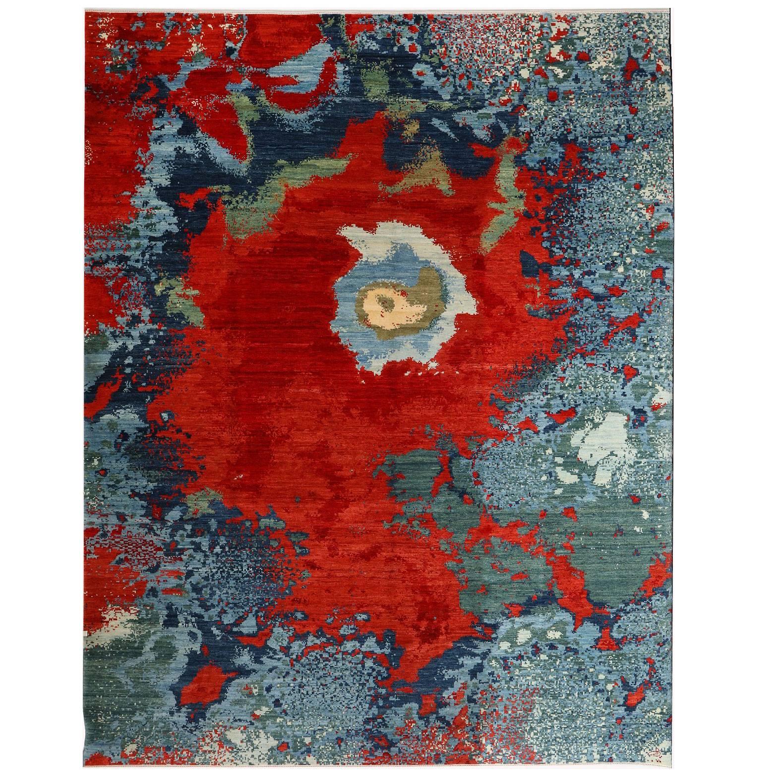 Hand-Knotted Modern Persian Carpet, Red, Blue, and Green Wool 9' x 12'