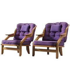 Guillerme & Chambron Set of Two Lounge Chairs in Solid Oak and Purple Upholstery 6