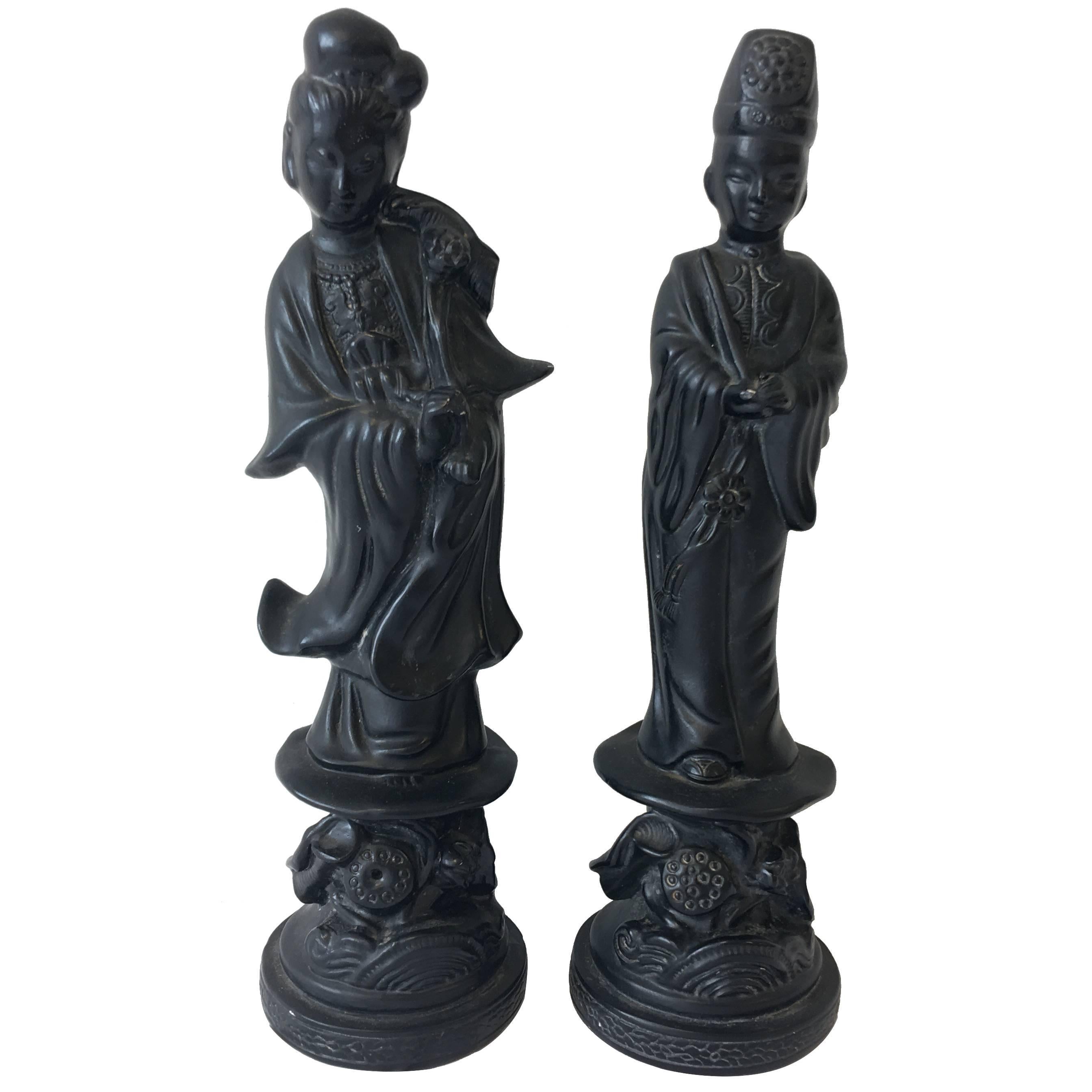 Black Plaster Asian Figurines by Alexander Backer, Pair