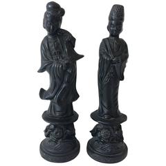 Vintage Black Plaster Asian Figurines by Alexander Backer, Pair