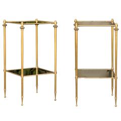 French Vintage Pair of Brass-Framed Two-Tiered Stands with Smoked Glass Shelves
