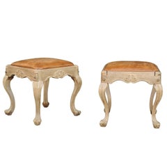 Pair of Louis XV Style Wooden Stools with Warm Leather Seats and Cabriole Legs