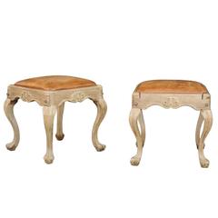 Pair of Louis XV Style Wooden Stools with Warm Leather Seats and Cabriole Legs 12