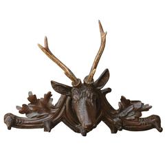 Turn of the Century French Carved Wall-Mounted Deer Head Coat Rack with Antlers