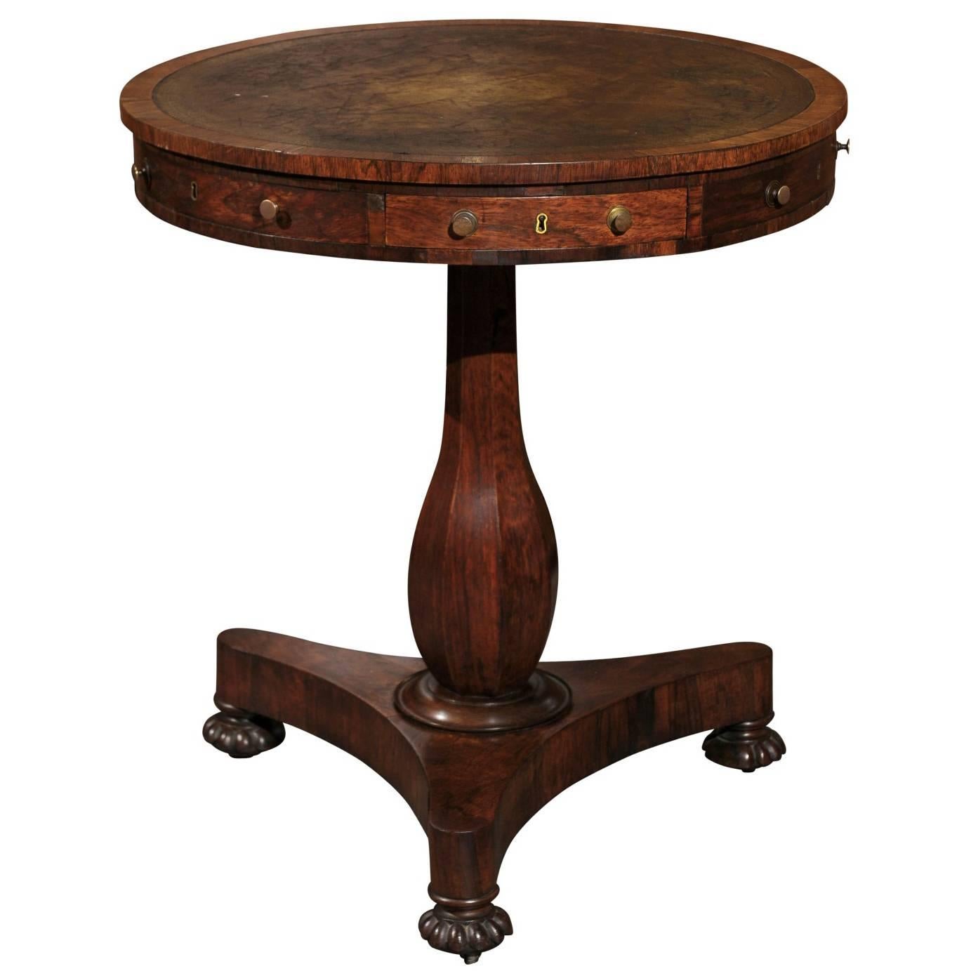 English 19th century Regency Leather Top Drum Table with Triangular Base