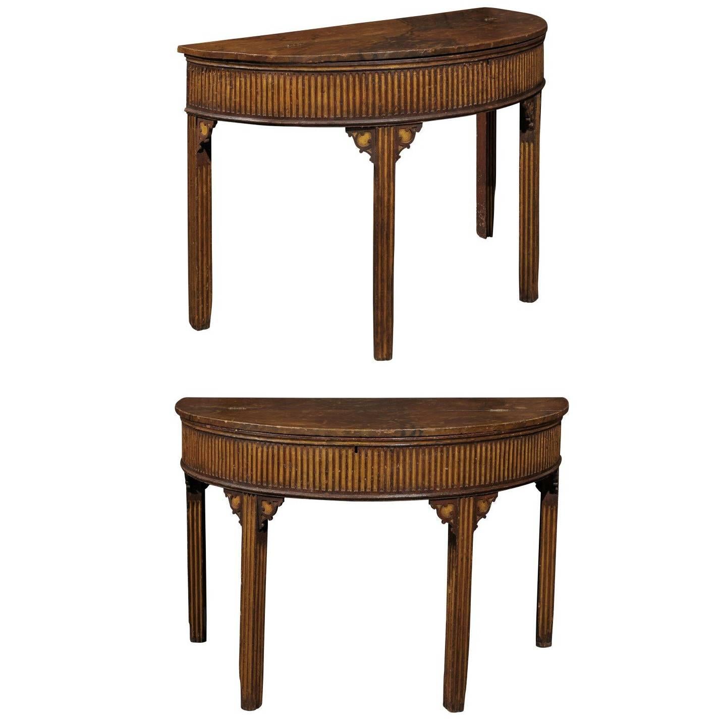 Pair of English Neoclassical Style 1880s Painted Demi-Lune Tables with Lift Tops