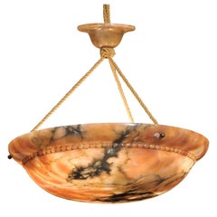 French Carved Veined Alabaster Ceiling Light  with Matching Canopy, circa 1930