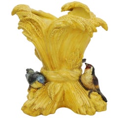 19th Century Majolica Wheat Vase With Birds Delphin Massier