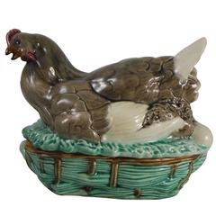 Antique 19th French Majolica Hen Tureen Basket Saint Honore