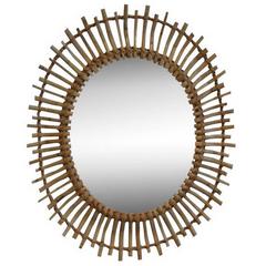 Vintage French Mid-Century Rattan Sunburst Mirror