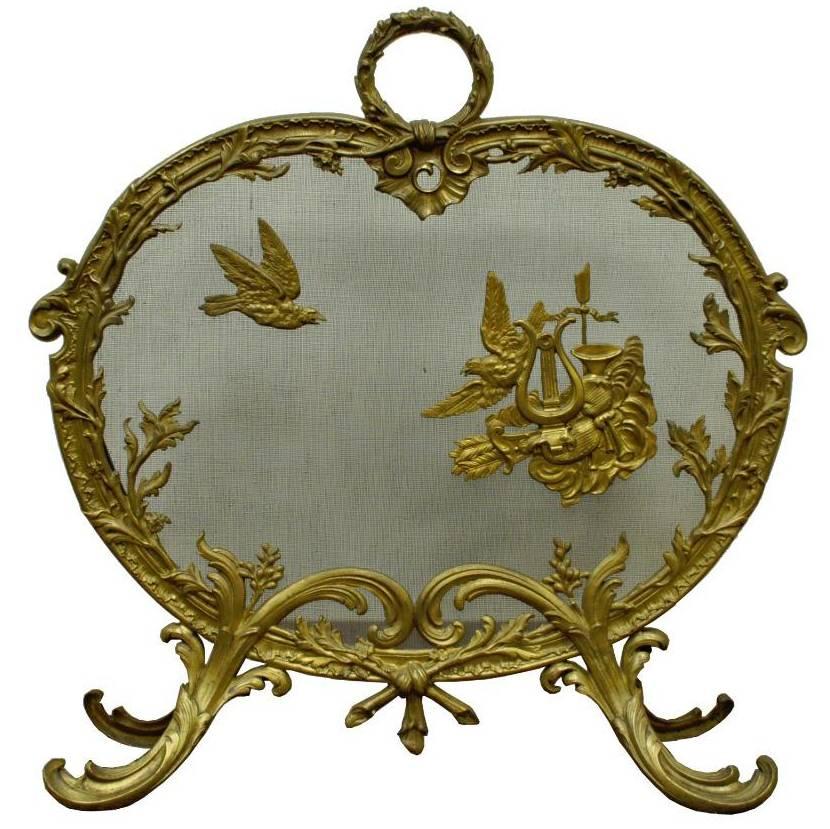Antique French Rococo Louis XV Style Cast Bronze Birds Fireplace Fire Screen